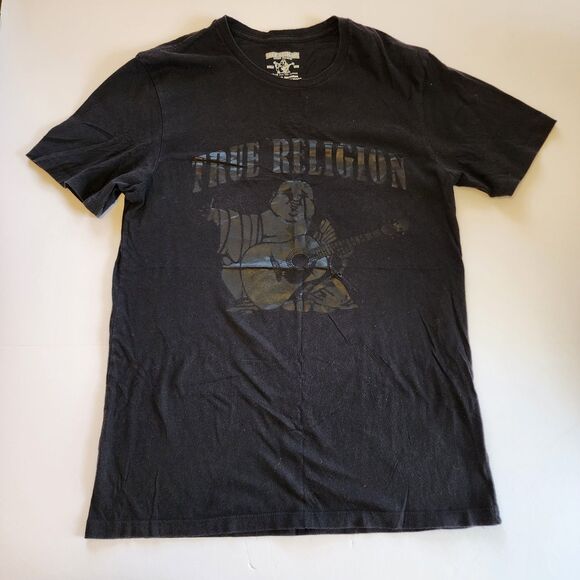 True Religion T-shirt Mens Medium Black SS Tonal Buddha Graphic Tee - Picture 1 of 9